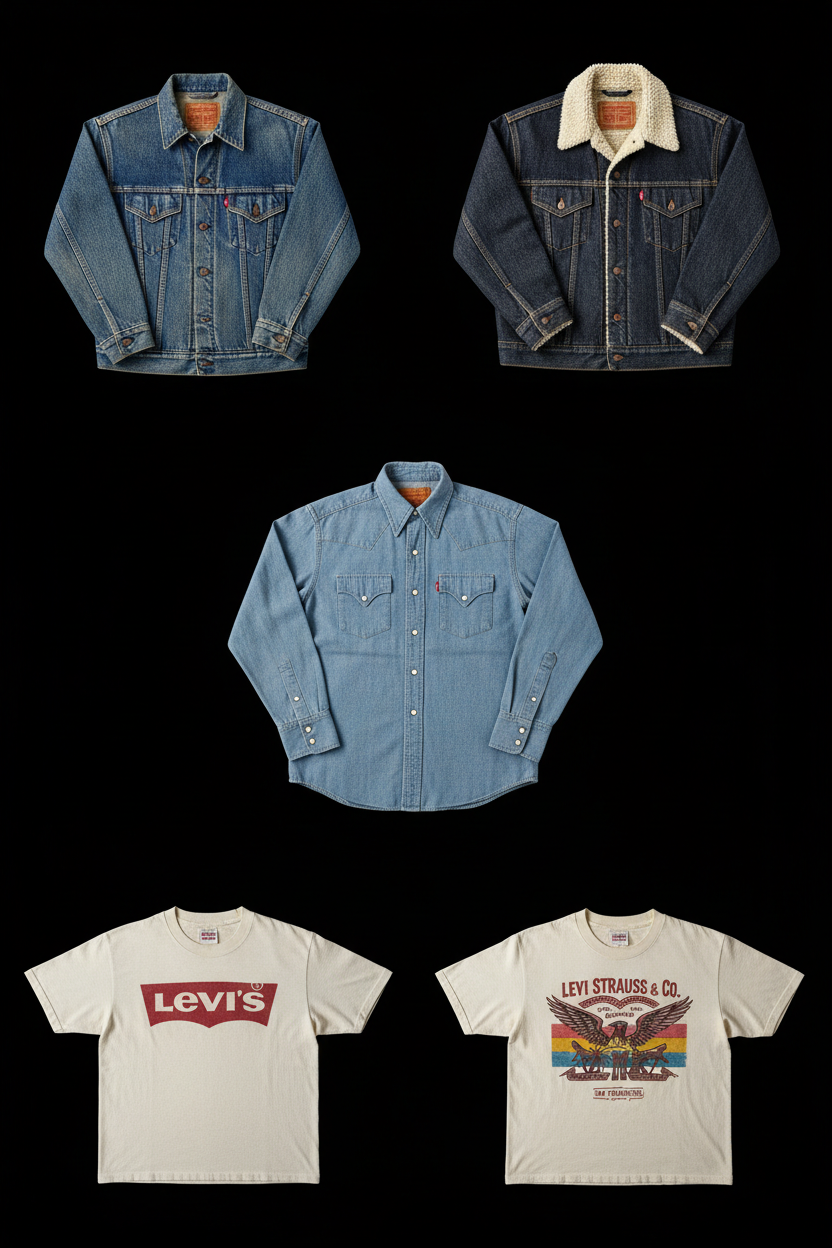 Box Levi's "Full Denim" - Lot 20, 50, 100 pièces | Mix Vestes, Chemises, Sweats ... | Grade A